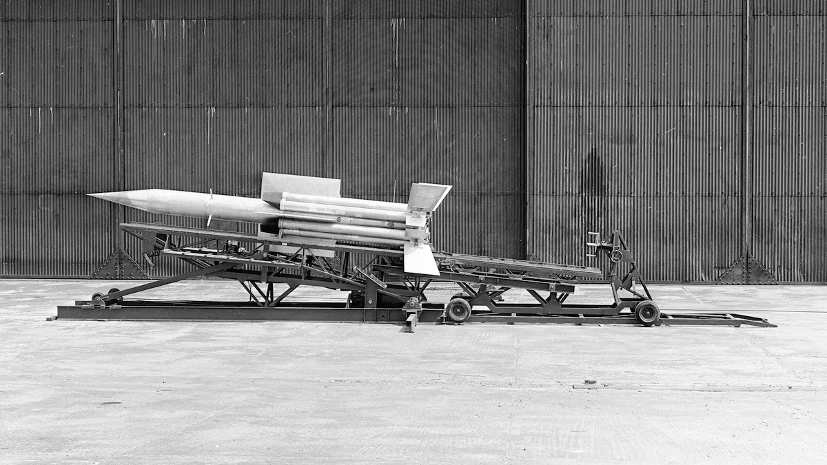 Rocket L.T.V.1. on launcher elevator. Luton Image number 5339