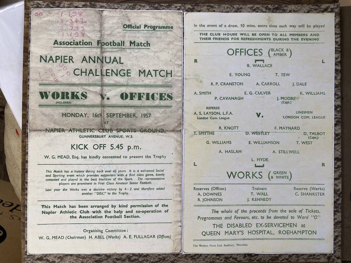 Napier 1957 16th Sept. Works v Offices programme