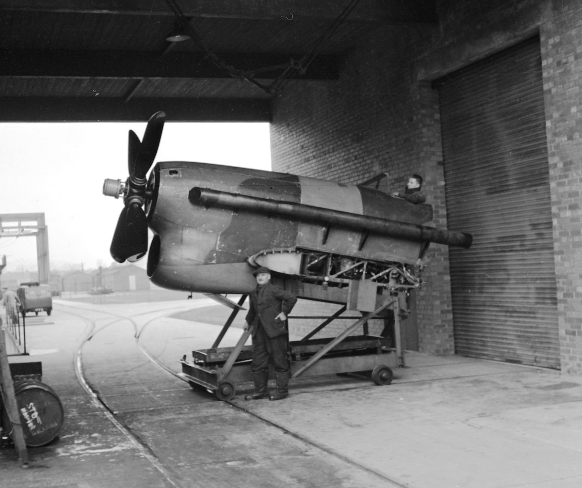 Hawker Tempest front section on test stand with experimental exhaust 